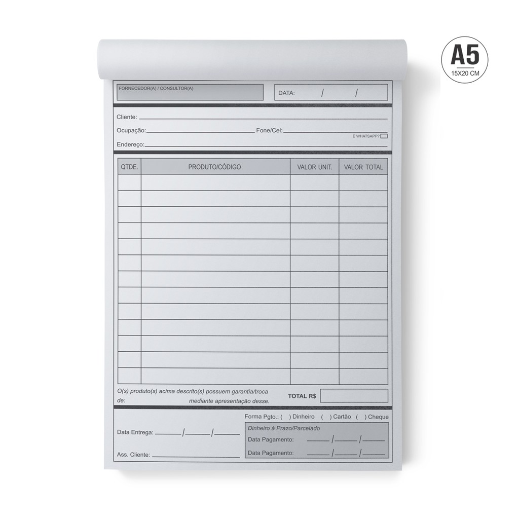 Bloco Autocopiativo A5 Pedidos Roupas / Cosméticos / Produtos / Lingerie / Papelaria / Perfumaria