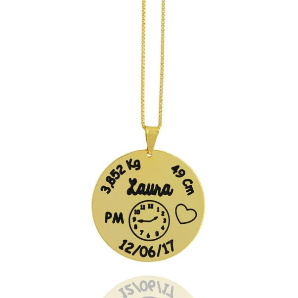 Colar Semijoia Cordão de Ouro Banhado Corrente Não é Bijuteria Colares Femininos Gargantilha Garantia Colar Personalizado Medalha Dados do Nascimento