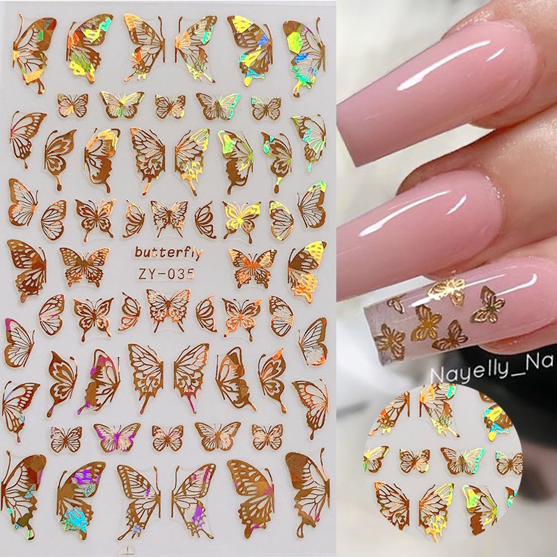 1PC Pink Gold 3D Butterfly Nail Art Stickers Adhesive Sliders em Oferta na Shopee