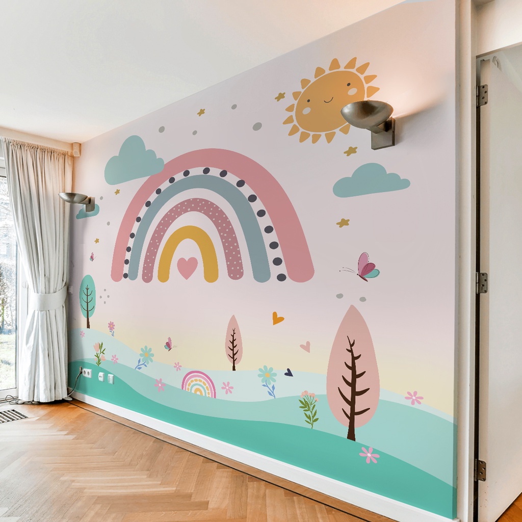 Papel de Parede Infantil Tema Arco-Íris Soft Color Para Decorar Quarto de Criança