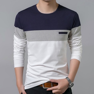 Camiseta Masculina De Algodão Listrada Com Gola Redonda E Manga Comprida