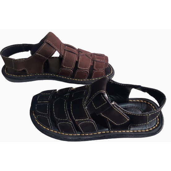 kit 2 Sandalias Chinelo Papete em couro nas cores preto e café com solado em borracha antistress ortopedica super leve