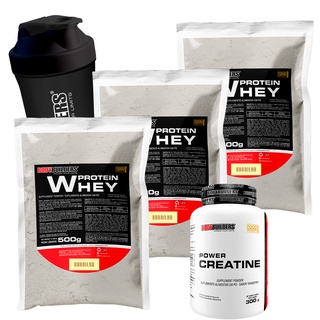 Kit 3x Kit Whey Protein Concentrado em Blend Proteico 500g + Power Creatina 300g + Coqueteleira - Suplementos Para Fitness e Atletas - Bodybuilders