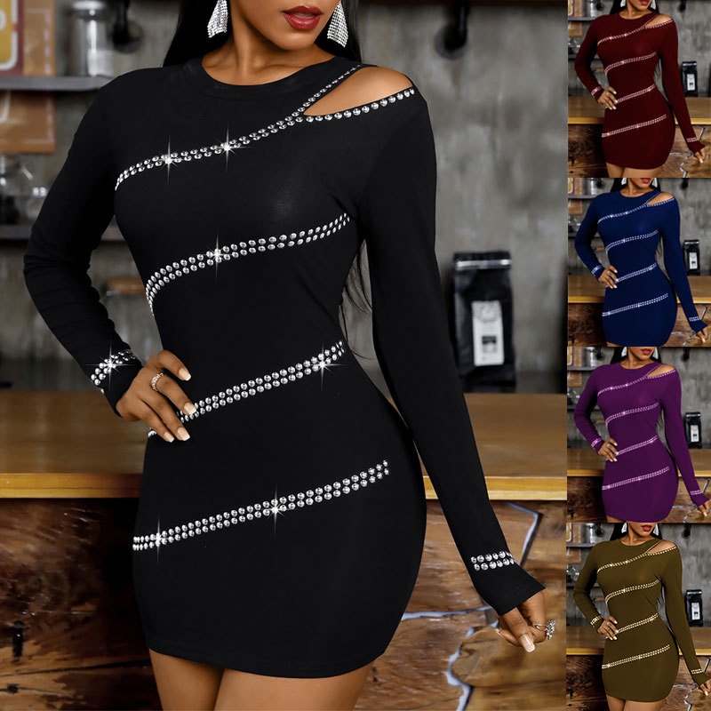 Plus size mini vestido curto feminino manga longa strass bodycon club party social P-5XG
