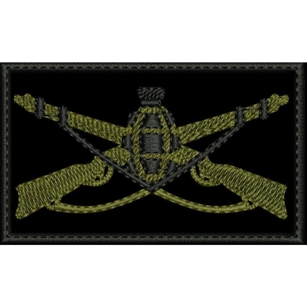 PATCH BORDADO INFANTARIA 8x5,5 cm COM OU SEM CARRAPICHO E TAMBÉM TERMO COLANTE preto e verde militar