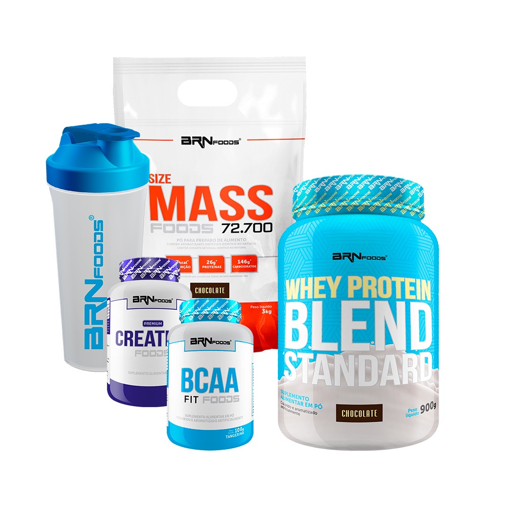 Kit Hipercalórico Size Mass 3kg + Whey Protein Blend Standard 900g + Premium Creatina 100g + BCAA 100g + Coqueteleira - BRNFOODS