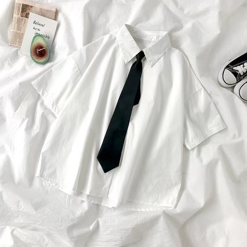 Camisa De Cor Sólida Feminina 2025 Novo Verão Estilo Universitário Coreano Solto casual Manga Curta Estudante Topo