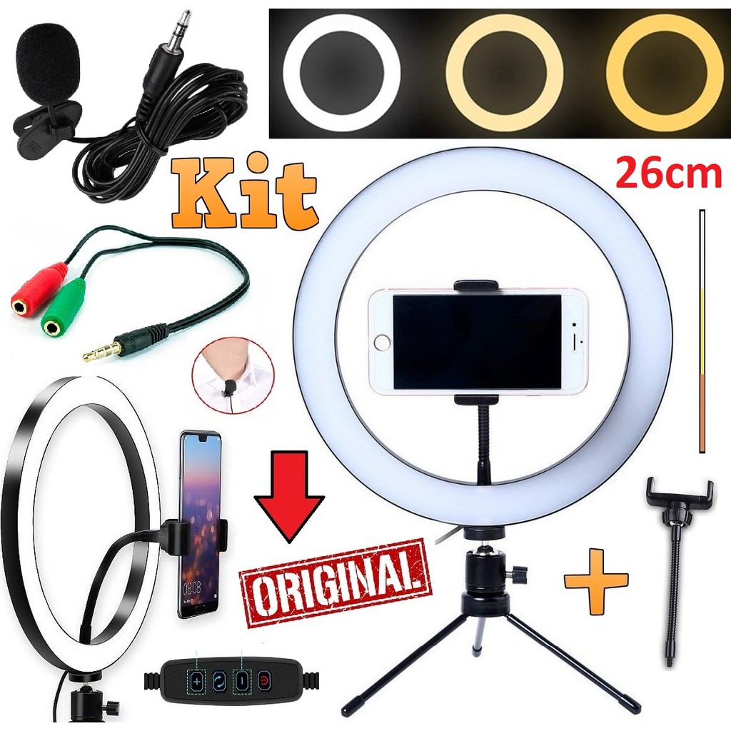 Kit Youtuber Microfone de Lapela Para Celular + Iluminador Ring Light 26cm Luz Anel Led Profissional Tripé de Mesa Suporte Universal Iphone Android Foto Selfie Vídeo Makeup Live Vlog