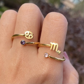 Gold Zodiac Sign Signos Constelação De Pedra De Nascimento Anéis Mulher Astrologia Jóias Presentes De Aniversário Para Seu Anel Ajustável De Aço Inoxidável