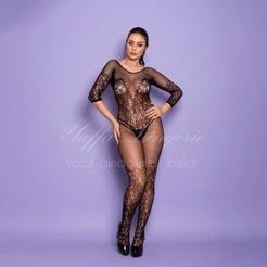 Yaffa Lingerie - Macacão em Arrastão com Detalhes Florais por Toda a Peça e Abertura nas Genitais - Veste do P 36 até o Plus Size 46