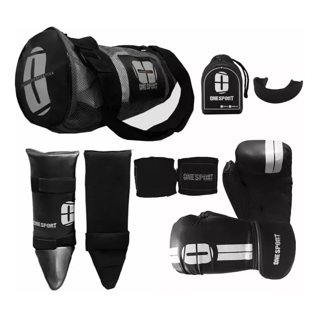 Kit boxe Muay Thai unisexx luva de boxe + bandagem 2,5mts + bucal + bolsa + caneleira