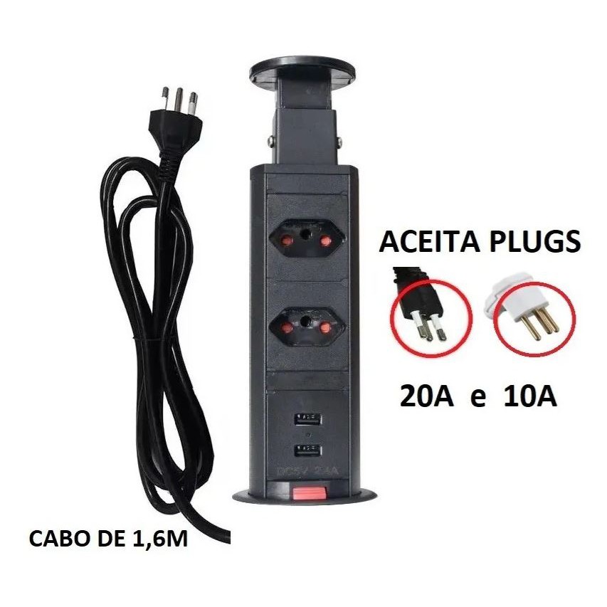 Extensão Torre De Tomada Preta 2 Tomadas C/ USB Retrátil Embutido