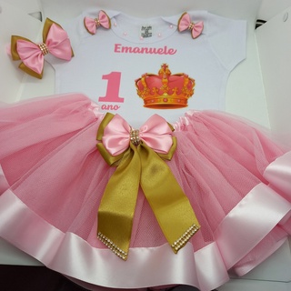 Body personalizado para mesversario ou aniversario com saia de tule e laço tema Realeza.