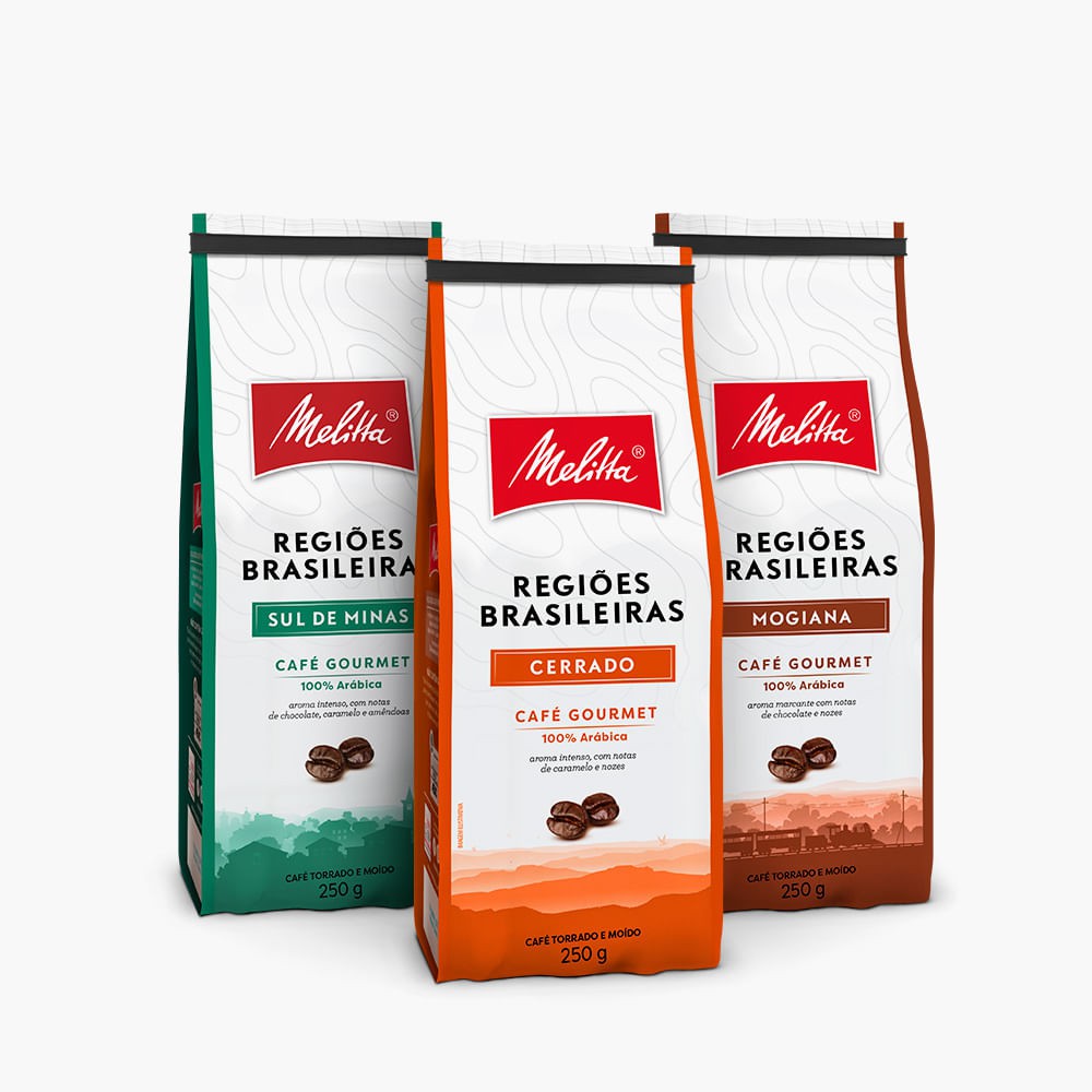 Kit com 3 cafés gourmet Melitta Regiões Brasileiras Cerrado, Sul de Minas e Mogiana (250g cada