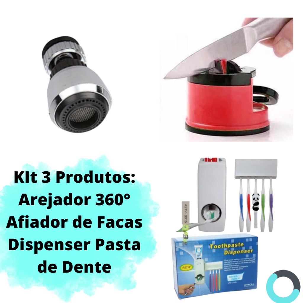 KIt Dispenser Pasta de Dente Amolador de Facas e Arejador de Torneira 360°