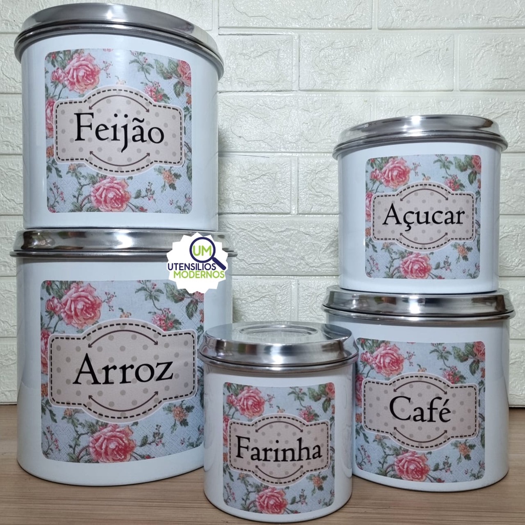 Jogo de Porta Mantimentos Latas Decorado Alumínio Peças Branco Flor 3