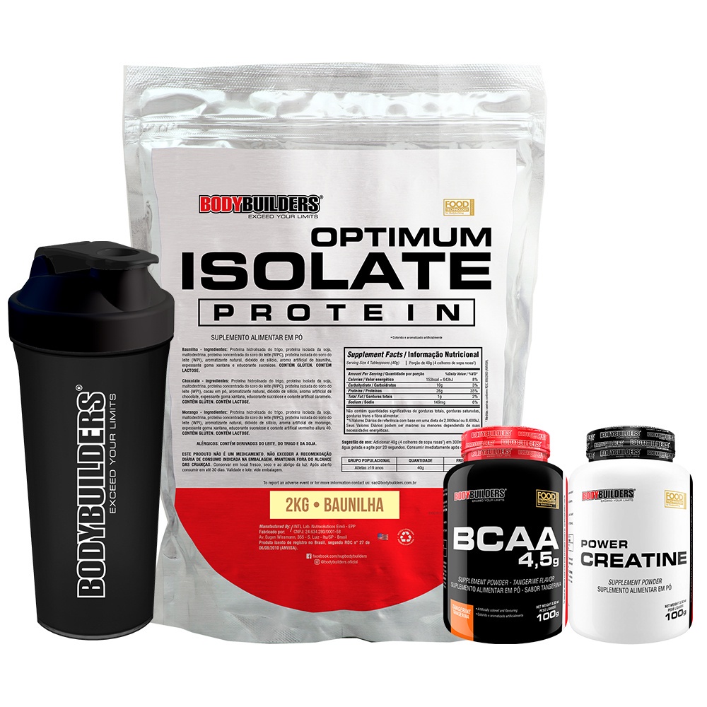 Kit Whey Protein Optimum Isolate 2kg + BCAA 100g + Power Creatina 100g + Coqueteleira - Bodybuilders Kit para academia e fitness