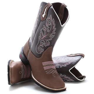 Bota Texana Botina Feminina Country Cano Alto Bordado Couro Bico Quadrado Passeio Cavalgada
