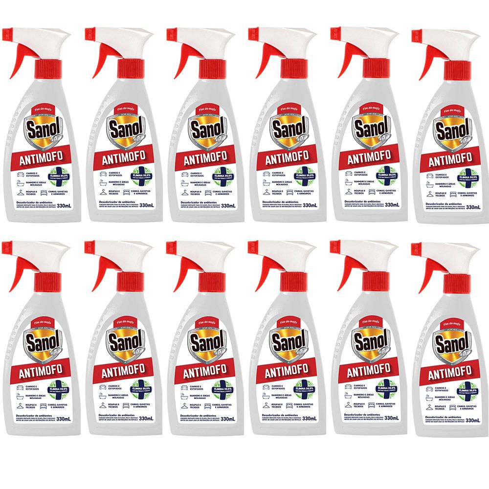 Caixa 12 unidades AntiMofo Fungicida Bactericida Limpador Eliminador de Mofo de parede, gaveta, armários Sanol A7 Antimofo spray 330ml