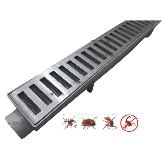 Ralo Linear Alumínio 6x50 Anti Escorpião e Insetos com Caixa Coletora Branca Sifonavel - Quintal Varanda - Ficone