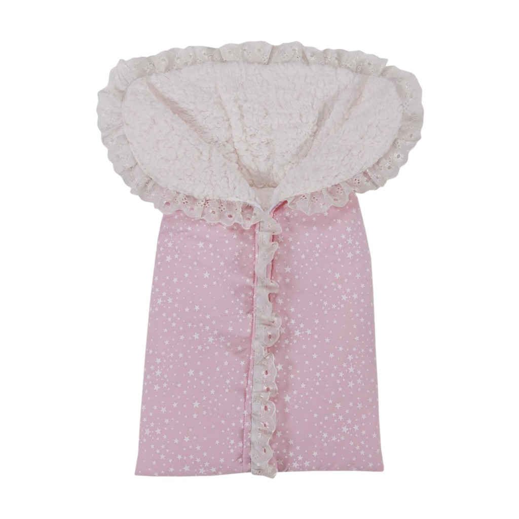 Porta Bebê Menina Rosa Estrelinhas Rosa 100% Algodão - Saco para bebe menina Pelo Carneiro Forrado Quentinho Inverno Carregar Bebê Saida Maternidade