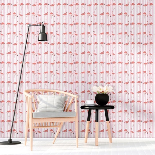 Papel Parede Adesivo Animal Flamingo Com Fundo Listrado 3mts
