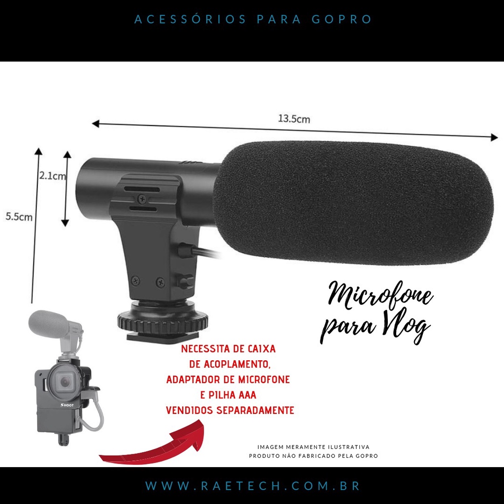Microfone Para Câmeras Vlog GoPro