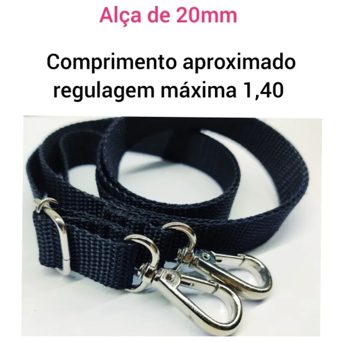 1 alça de polipropileno na cor preto largura 2cm comprimento aprox 140cm com 2 fechos mosquetões niquelado de 20mm