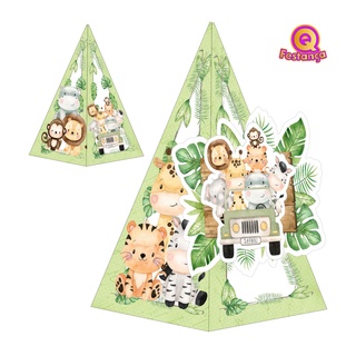 10 Caixa Cone Safari Aquarela Verde com Personagem e Aplique 3D