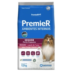 Ração Premier Ambientes Internos Senior 7+ para Cães Idosos de Pequeno Porte acima de 7 anos de idade Sabor Frango e Salmão - 12Kg