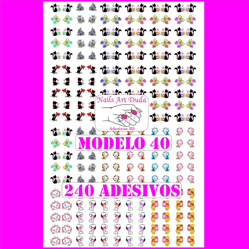 240 adesivos de unha 3D PRÉ PRONTO snoopy urso pooh marie cachorro gato gatinha (4 cartelas com 60 unidades) - modelo 40
