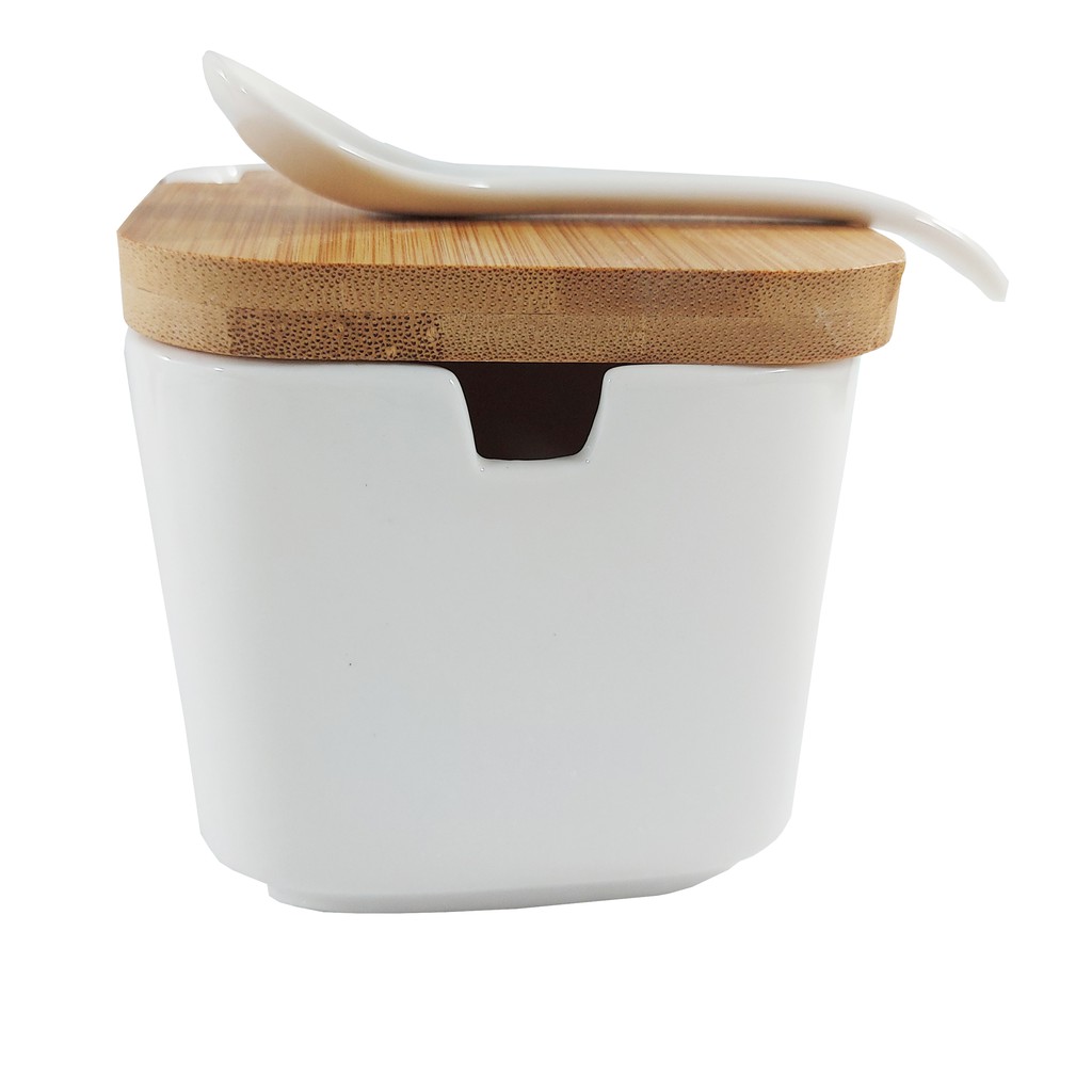 Saleiro De Mesa De Porcelana Com Tampa De Madeira - Lyor