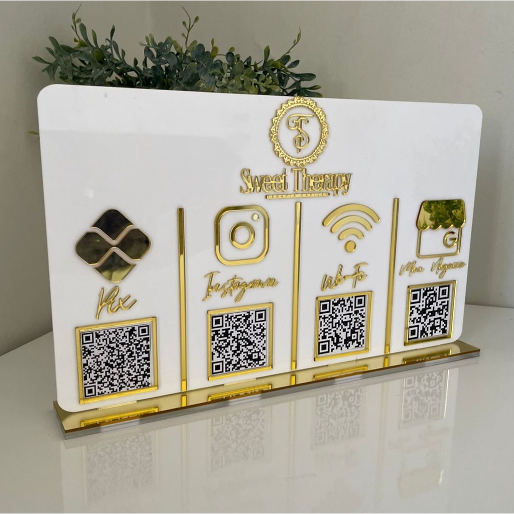 Placa Display 4 QR Code Em Acrílico Espelhado