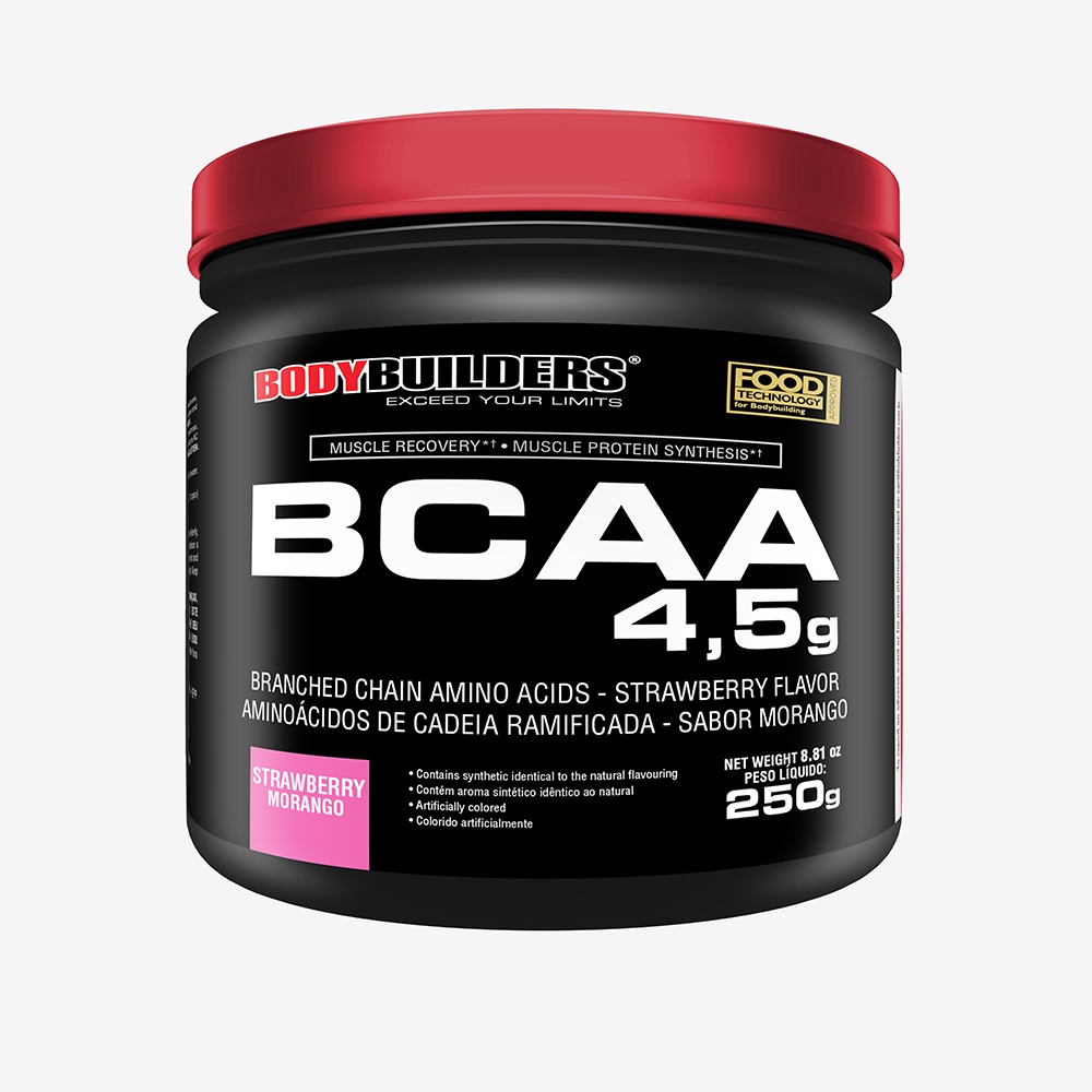 BCAA 4.5 POWDER 250g Sabor Morango - Bodybuilders Suplemento para recuperação pré treino e pós treino