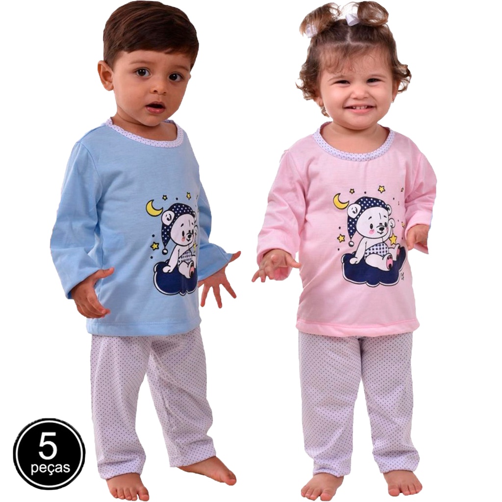 Kit 5 Pijama Bebê Infantil Conforto Estampado Manga Comprida Calça Atacado