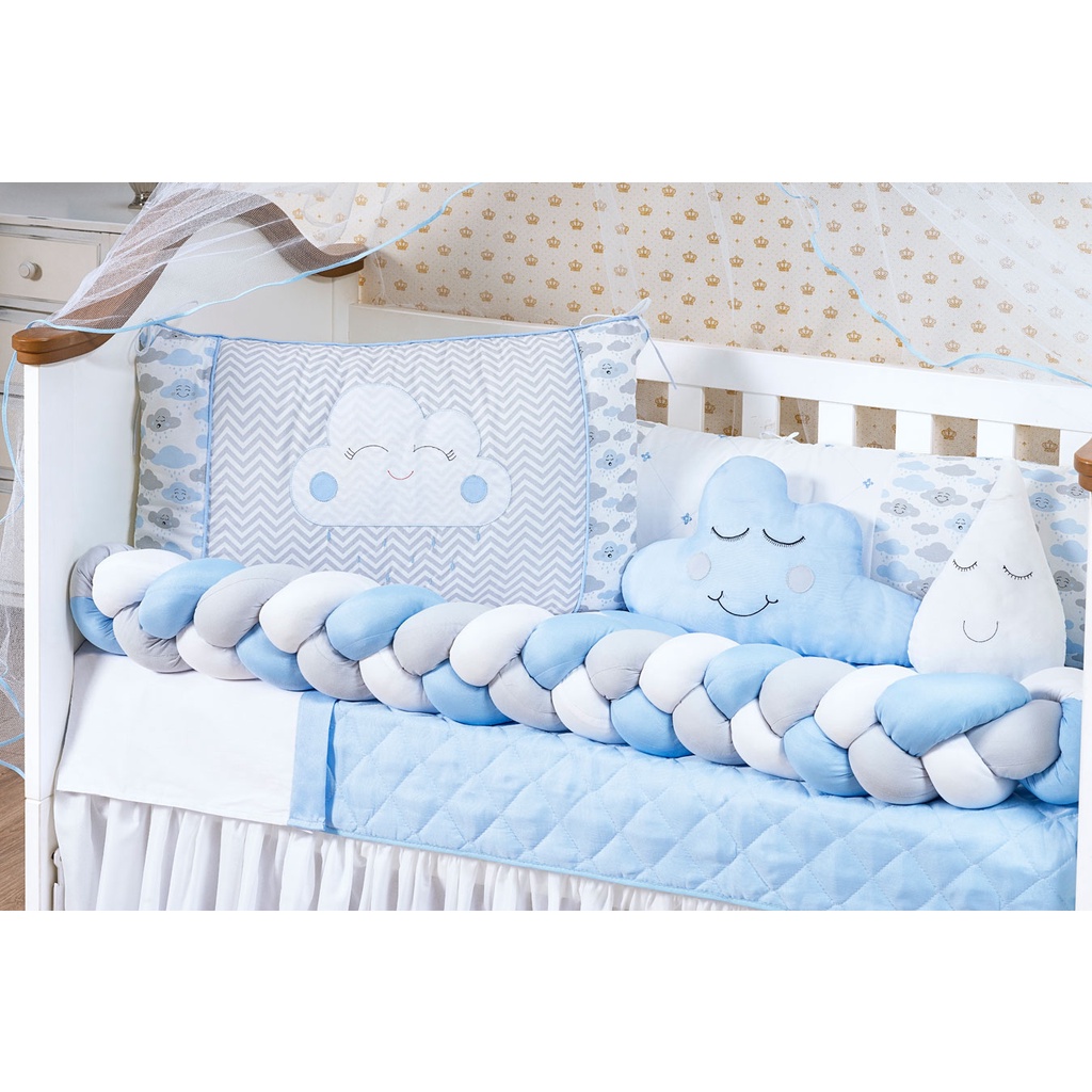 Kit Protetor Mini Berço Nuvem Menino 11 Peças Completo com Brinde