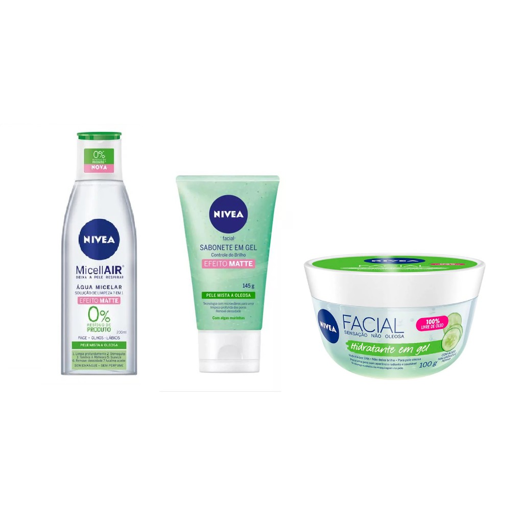 Kit Água Micelar Solução de Limpeza 7 em 1 Efeito Matte + Sabonete Líquido Efeito Matte Nivea + NIVEA Ácido Hialurônico e Pepino