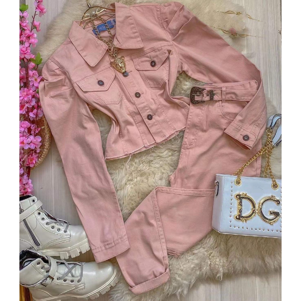 Conjunto jeans coloridas Jaqueta, Calças feminina com lycra em Oferta na Shopee
