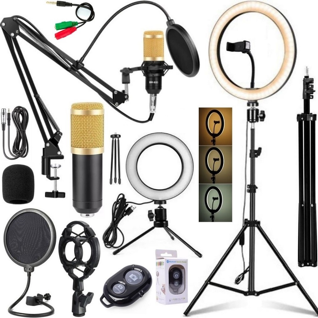 Kit Microfone Profissional Suporte Articulado Ring Light Luz Estúdio Gravação Vídeo