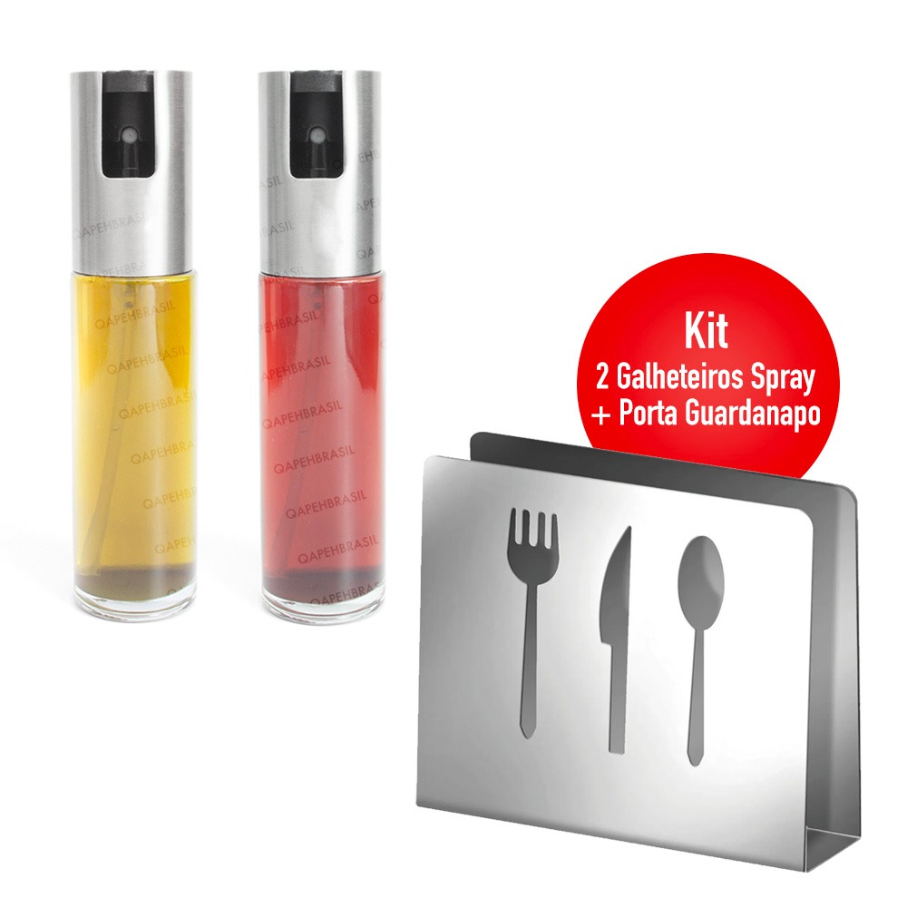 Kit 2 Galheteiro Spray  Inox + Porta Papel Guardanapo em Aço Inox