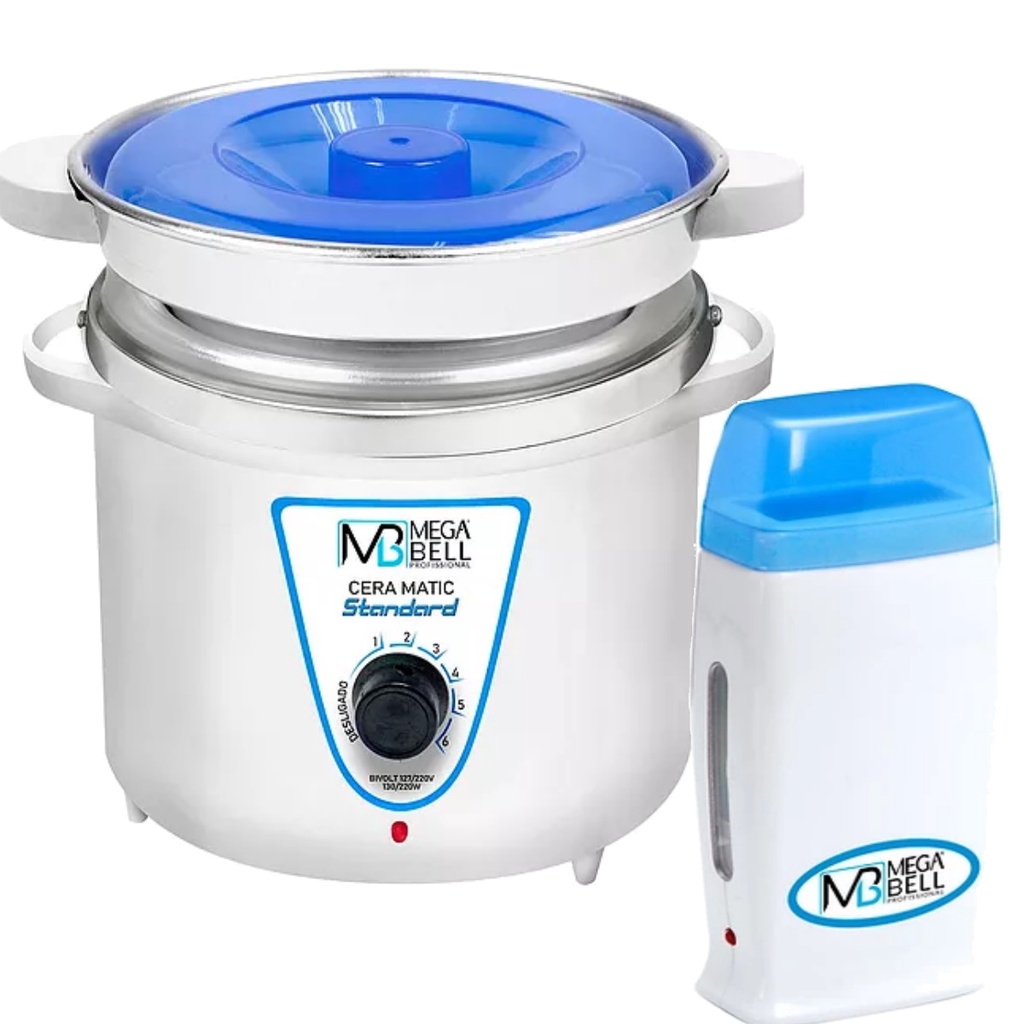 Kit Panela Depilação Termocera 900g Com Refil  Branca Com Azul + Aquecedor de Cera Roll-on Azul