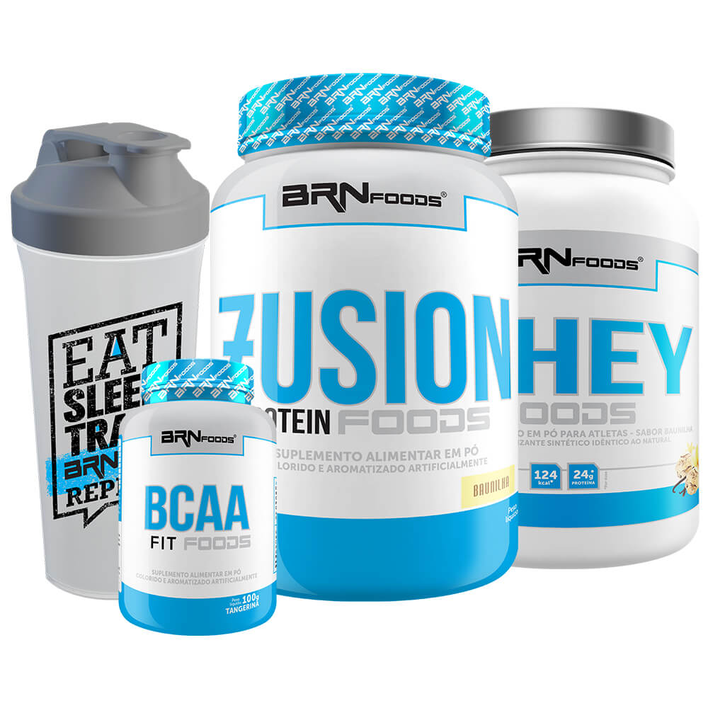 Kit Fusion Protein 900g Baunilha + Whey Foods 900g Baunilha + BCAA Fit 100gr  + Shaker – BRNFOODS