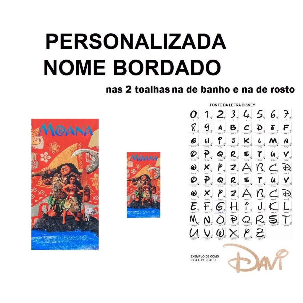 PERSONALIZADA NOME BORDADO kit Toalha de Banho Infantil Moana L + Toalha de Rosto