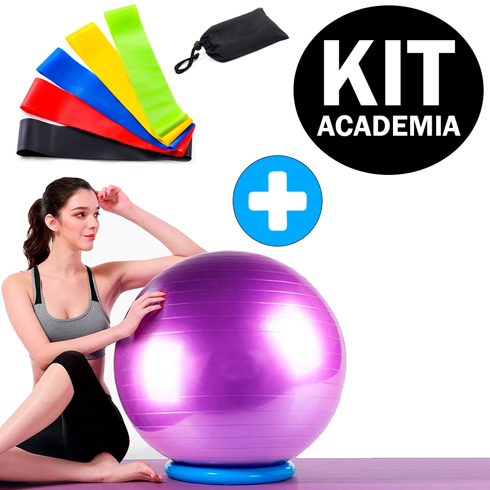 Kit Pilates e Yoga Bola Suíça 55cm + Faixas Elásticas Mini Band 5 unidades Treino Exercícios Fitness Funcional
