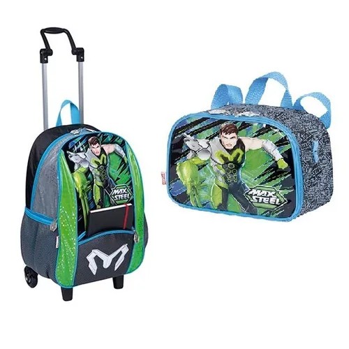 Mochila Infantil Escolar Max Steel G Rodinhas 18y + Lancheira Térmica