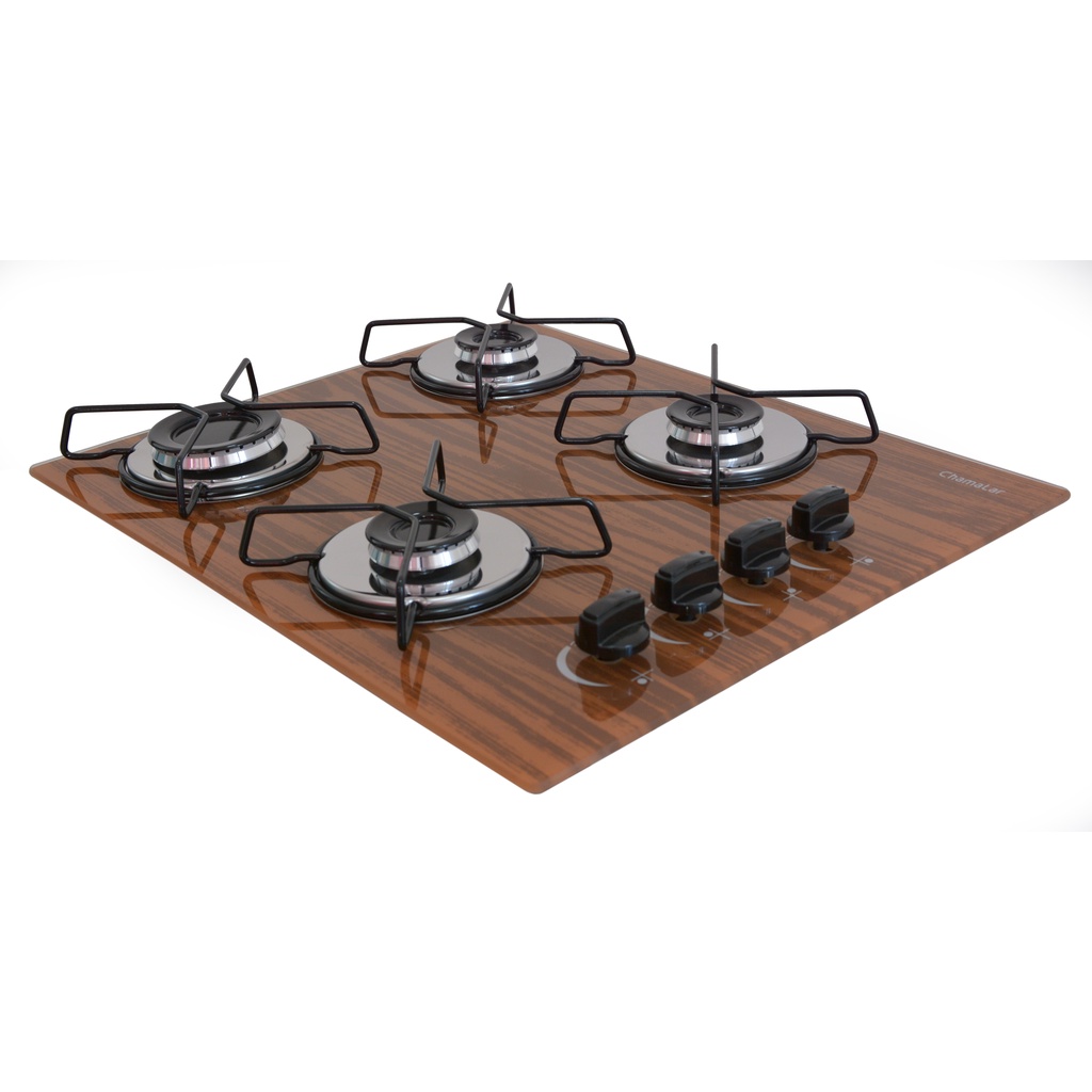 Fogão de Mesa Cooktop À Gás 4 Bocas AMADEIRADO ESCURO Chamalar Ultra Chama Vidro Bivolt