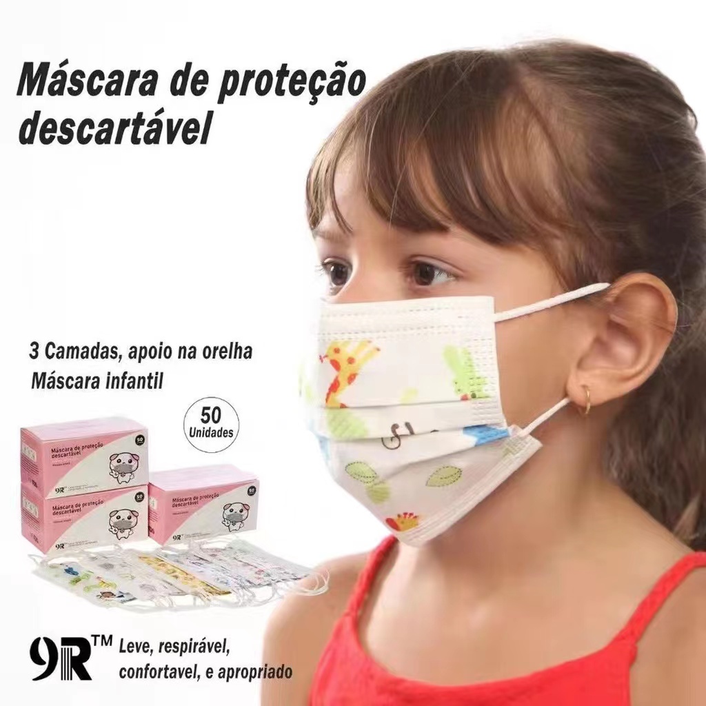 Máscara protetora descartável infantil de três camadas . | Caixa com 50 unidades