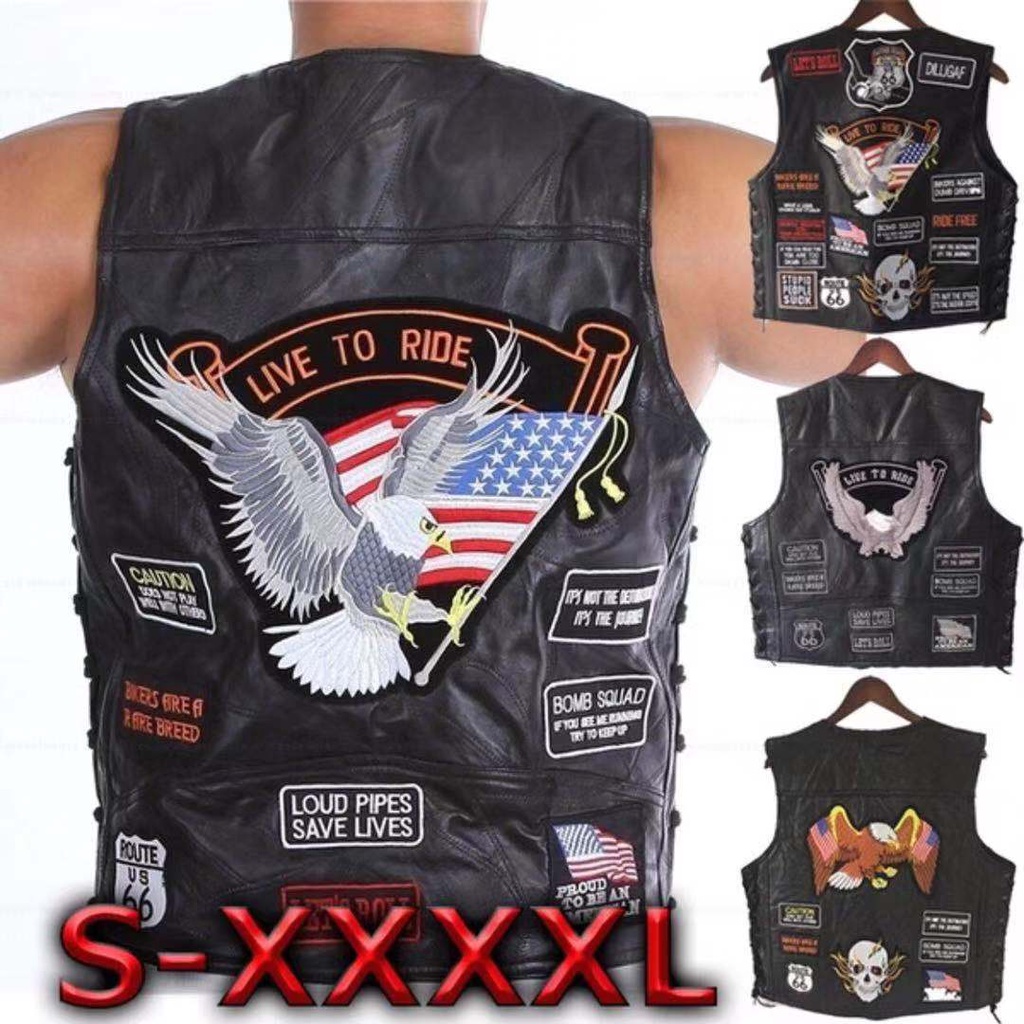 s-4xl Harley Motocicleta Equitação Colete De Couro Masculino Bordado Emblema Rua casual Jaqueta