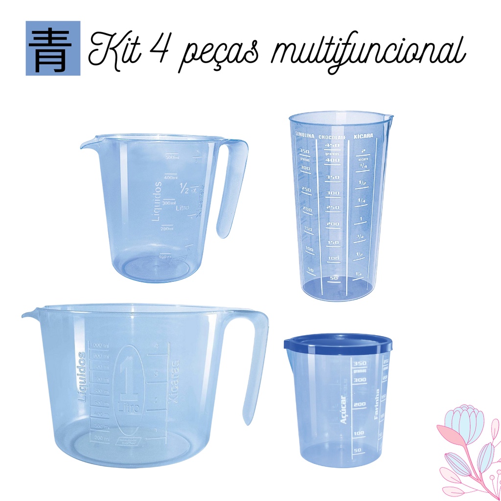 Medidores medida kit multifuncional na cor azul - jarra, jarrinha, copo medida e copo com tampa