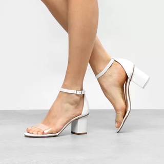 Sandália Saltinho Salto Médio Feminina Vinil Transparente Sapato Tendência Secretária Moda Casual